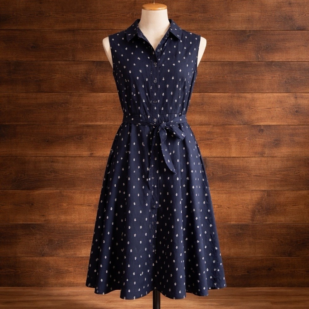 Nautical Sleeveless Shirt Dress 12 Nautical Anchor Print Cotton Midi Navy Blue - Picture 9 of 9